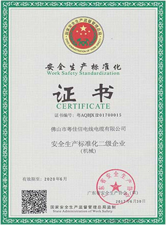 安全生产标准化二级企业证书